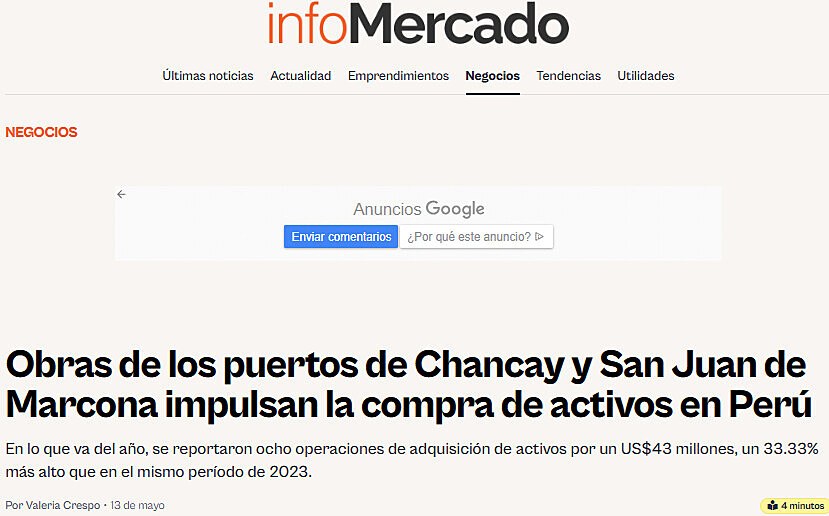 Obras de los puertos de Chancay y San Juan de Marcona impulsan la compra de activos en Per